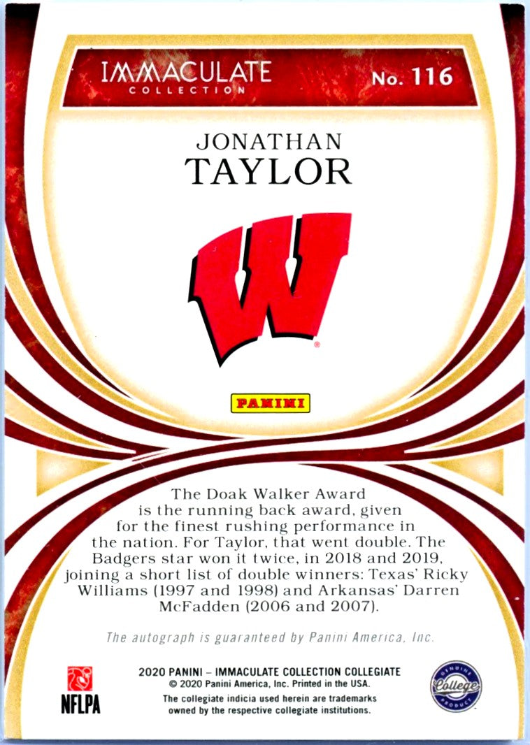 Jonathan Taylor RC 2020 Immaculate Collegiate Rookie On Card Auto SP 46/99-2