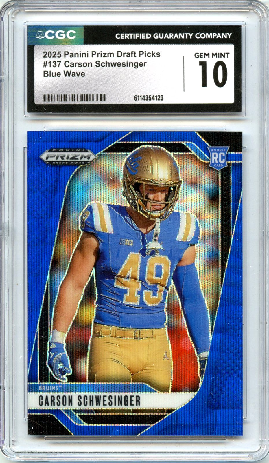 Carson Schwesinger RC 2025 Panini Prizm Draft Blue Wave Rookie SP 219/299 CGC 10-1