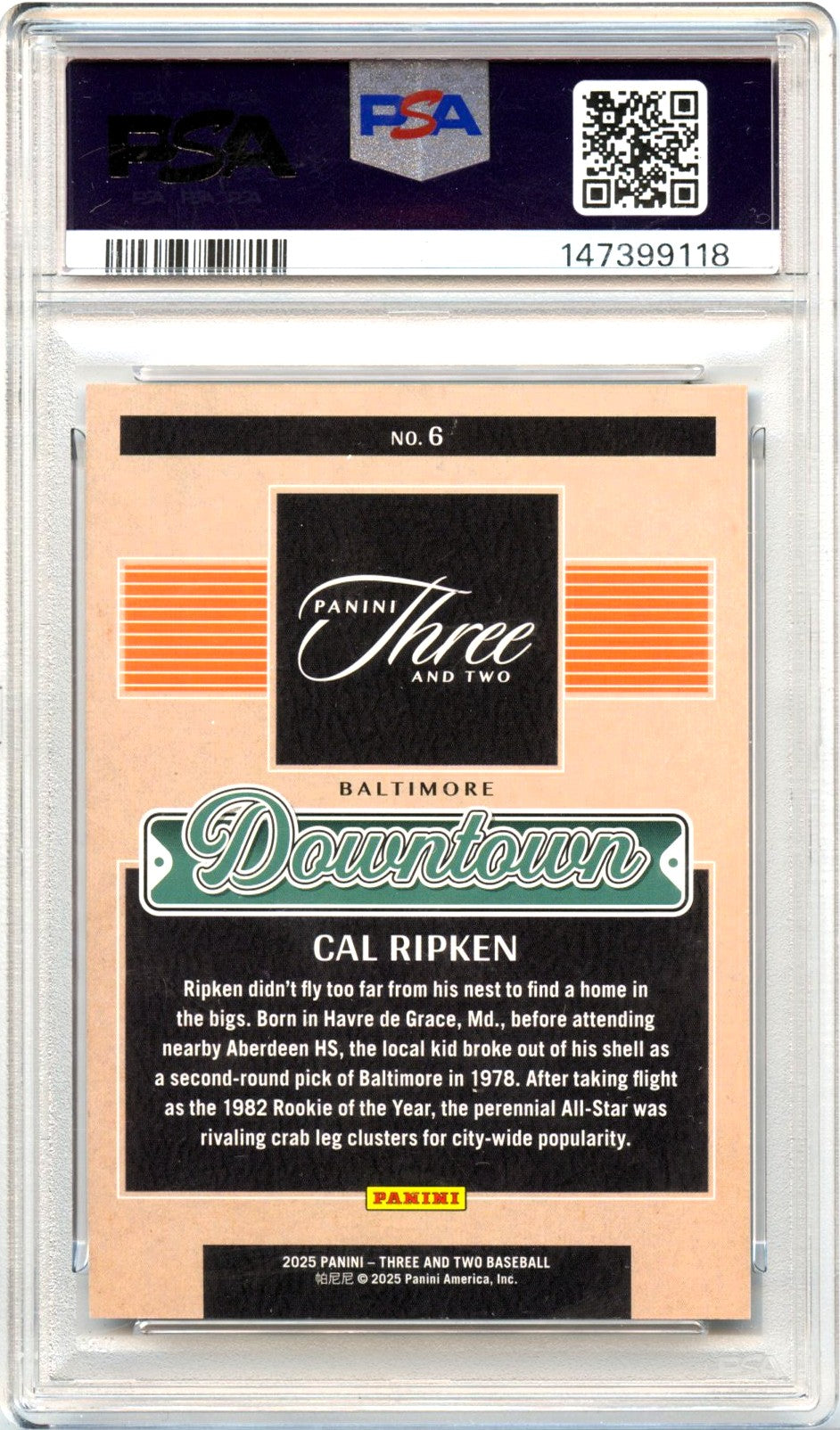 Cal Ripken 2025 Panini Three And Two Downtown SSP #6 PSA 9-2