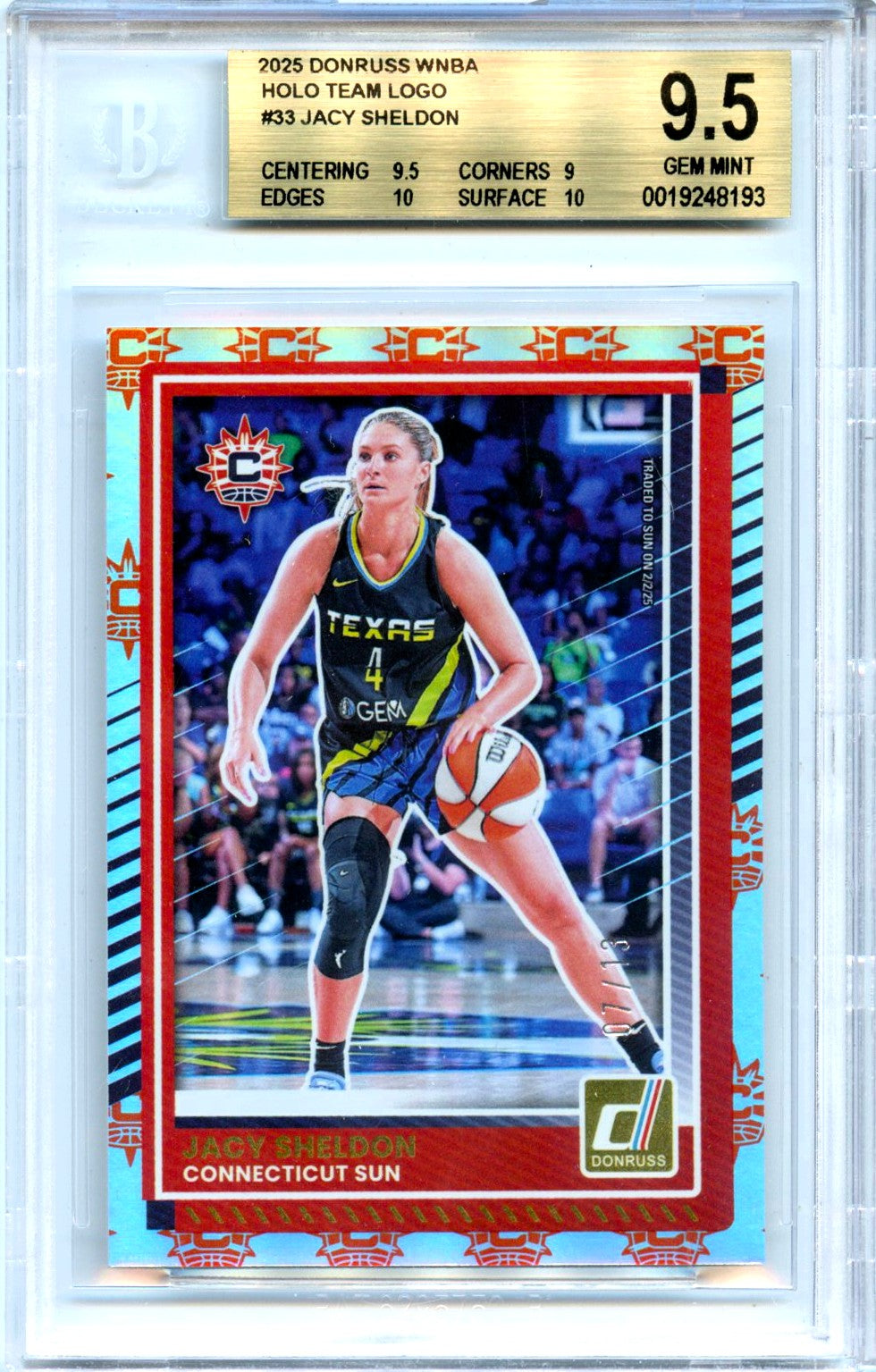Jacy Sheldon 2025 Donruss WNBA Holo Team Logo SP 7/13 BGS 9.5