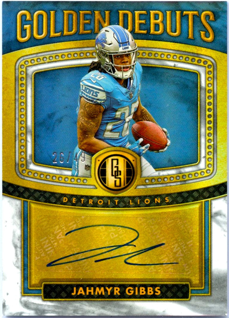 Jahmyr Gibbs RC 2023 Panini Gold Standard White Golden Debuts Rookie Auto SP 26/49-1