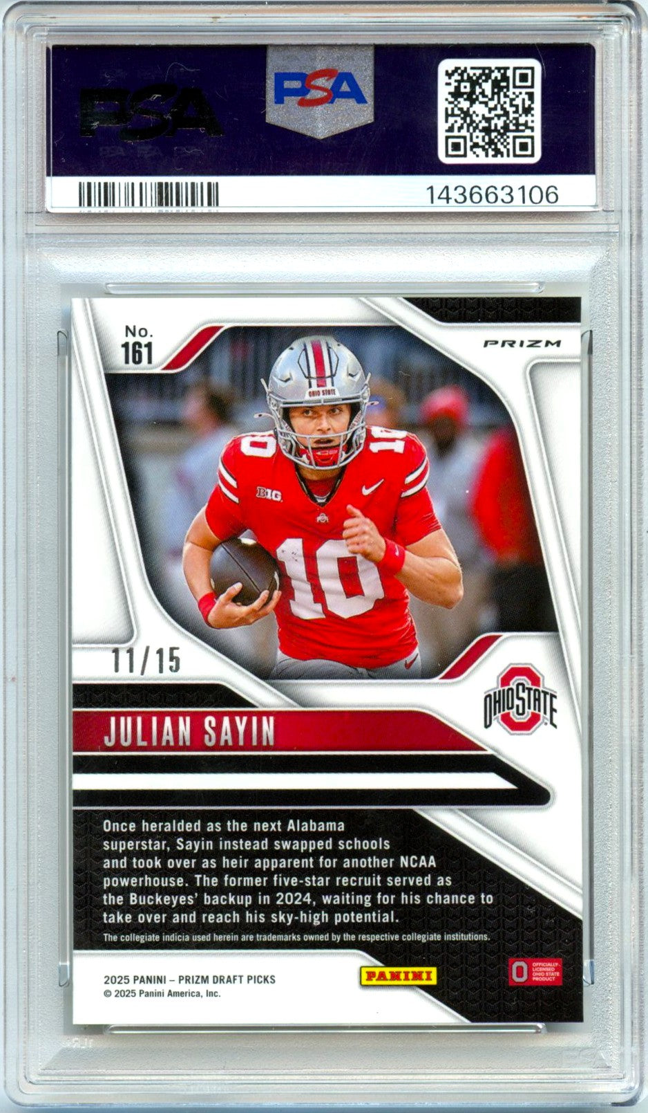Julian Sayin RC 2025 Panini Prizm Draft Gold Shimmer Rated Prospect Rookie SP 11/15 PSA 10