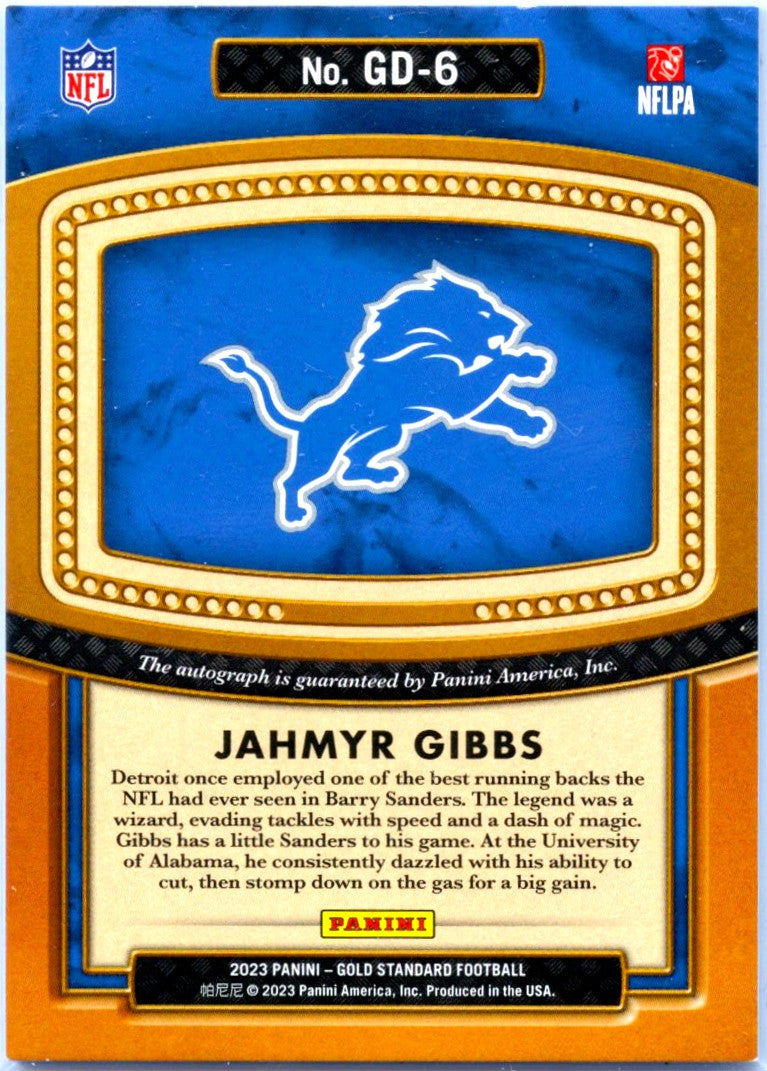 Jahmyr Gibbs RC 2023 Panini Gold Standard White Golden Debuts Rookie Auto SP 26/49-2