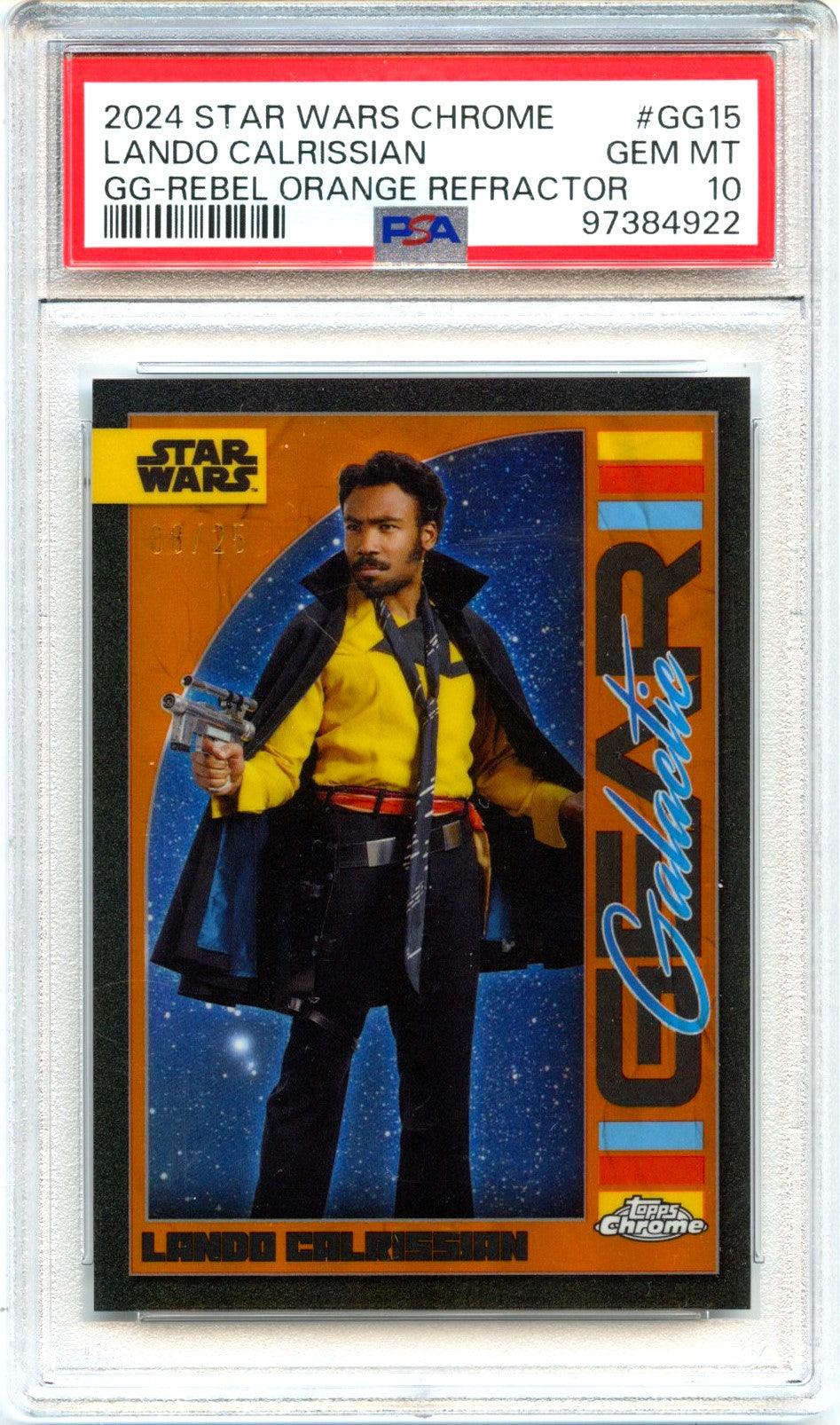 Lando Calrissian 2024 Topps Chrome Stars Wars Orange Galactic Gear Rebel SP 8/25 PSA 10-1