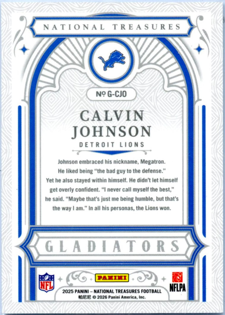Calvin Johnson 2025 National Treasures Holo Silver Gladiators SP 1/25-2