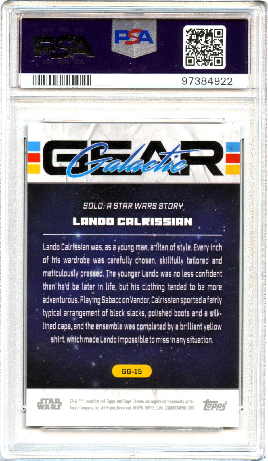 Lando Calrissian 2024 Topps Chrome Stars Wars Orange Galactic Gear Rebel SP 8/25 PSA 10-2