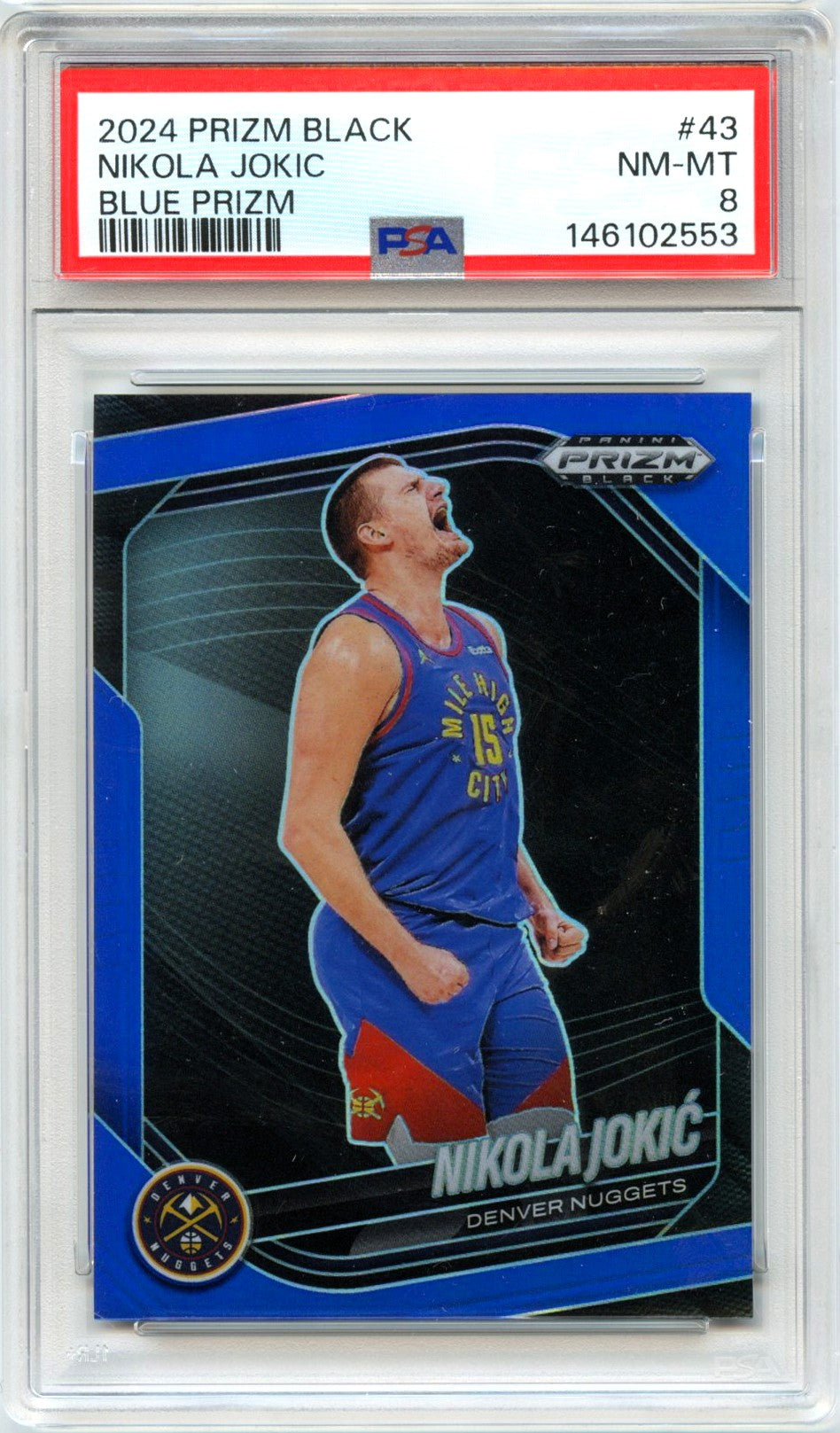 Nikola Jokic 2024-25 Panini Prizm Black Blue SP 149/199 PSA 8