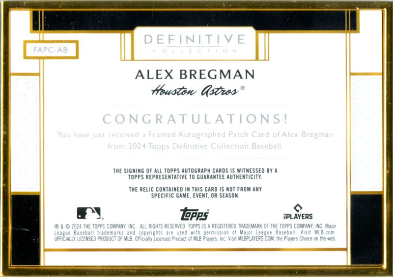 Alex Bregman 2024 Definitive Collection Gold Framed Game Used Patch Auto SP 21/30-2