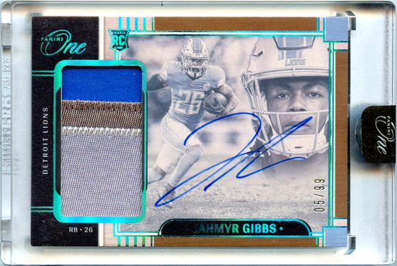 Product Jahmyr Gibbs RC 2023 Panini One Blue Rookie Patch Auto SP 5/99 Link