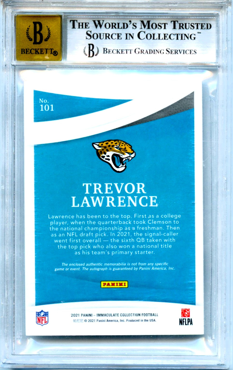 Trevor Lawrence RC 2021 Immaculate Rookie Patch Auto SP 64/99 BGS 9-2