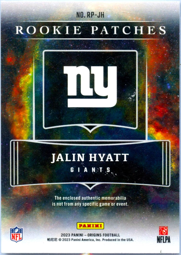 Jalin Hyatt RC 2023 Panini Origins Black Rookie Patch SP 1/1-2