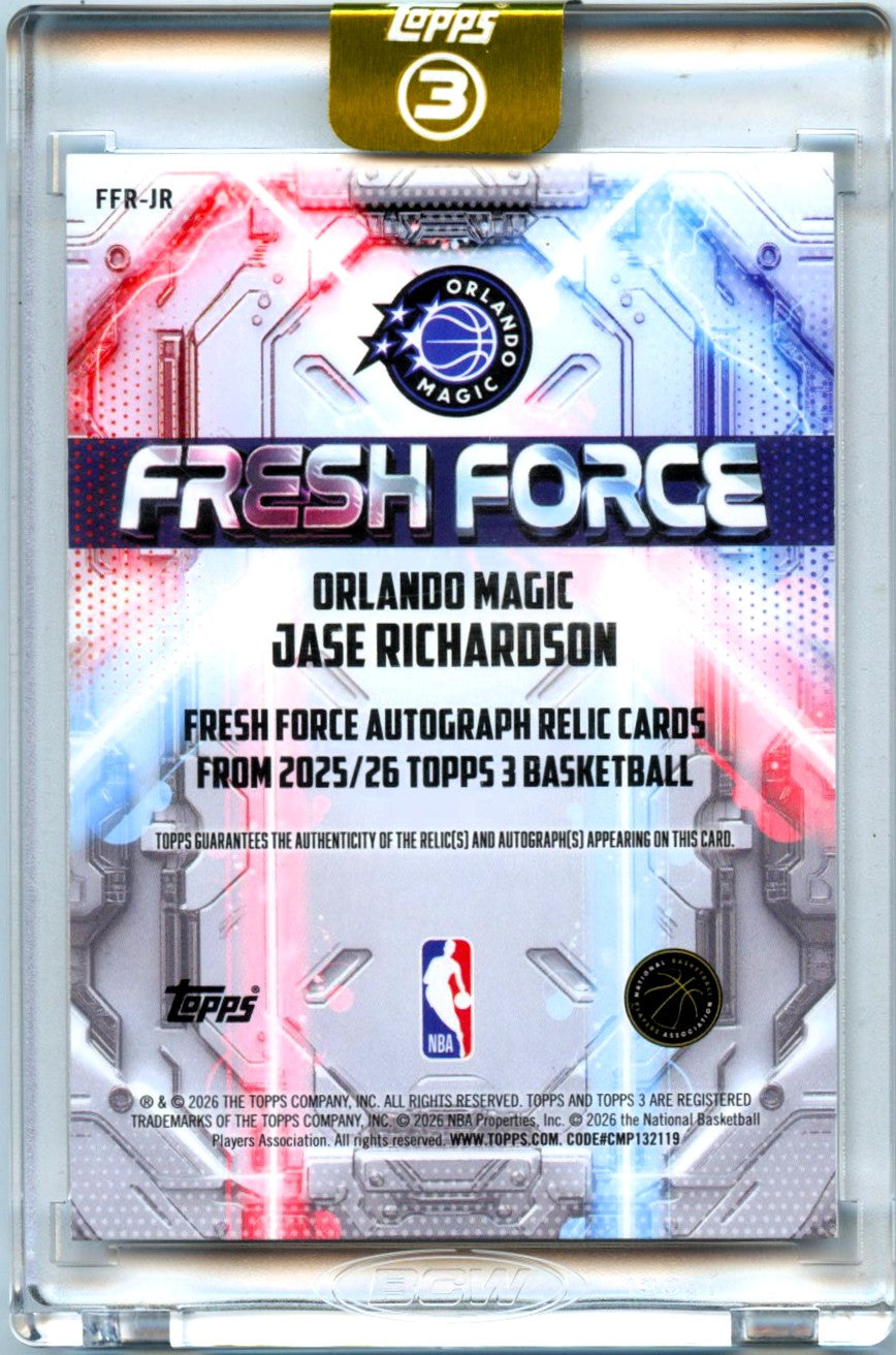 Jase Richardson RC 2025-26 Topps 3 Blue Fresh Force Rookie Auto SP 15/15-2