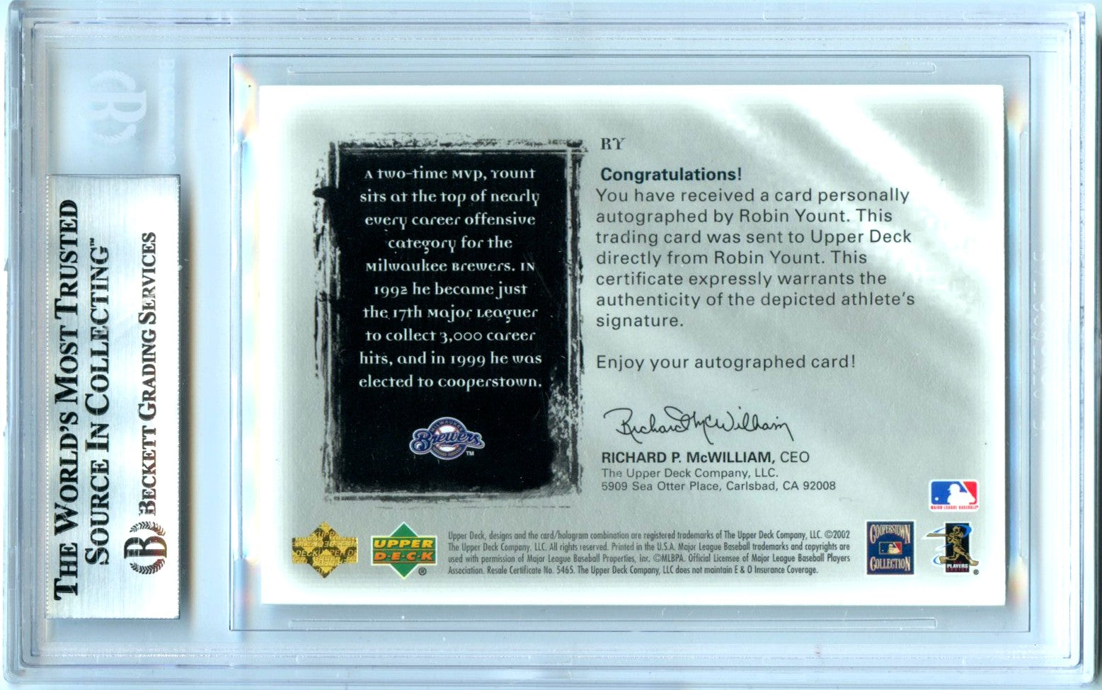 Robin Yount 2001 UD Ultimate Collection On Card Auto SP 21/24 BGS 9-2