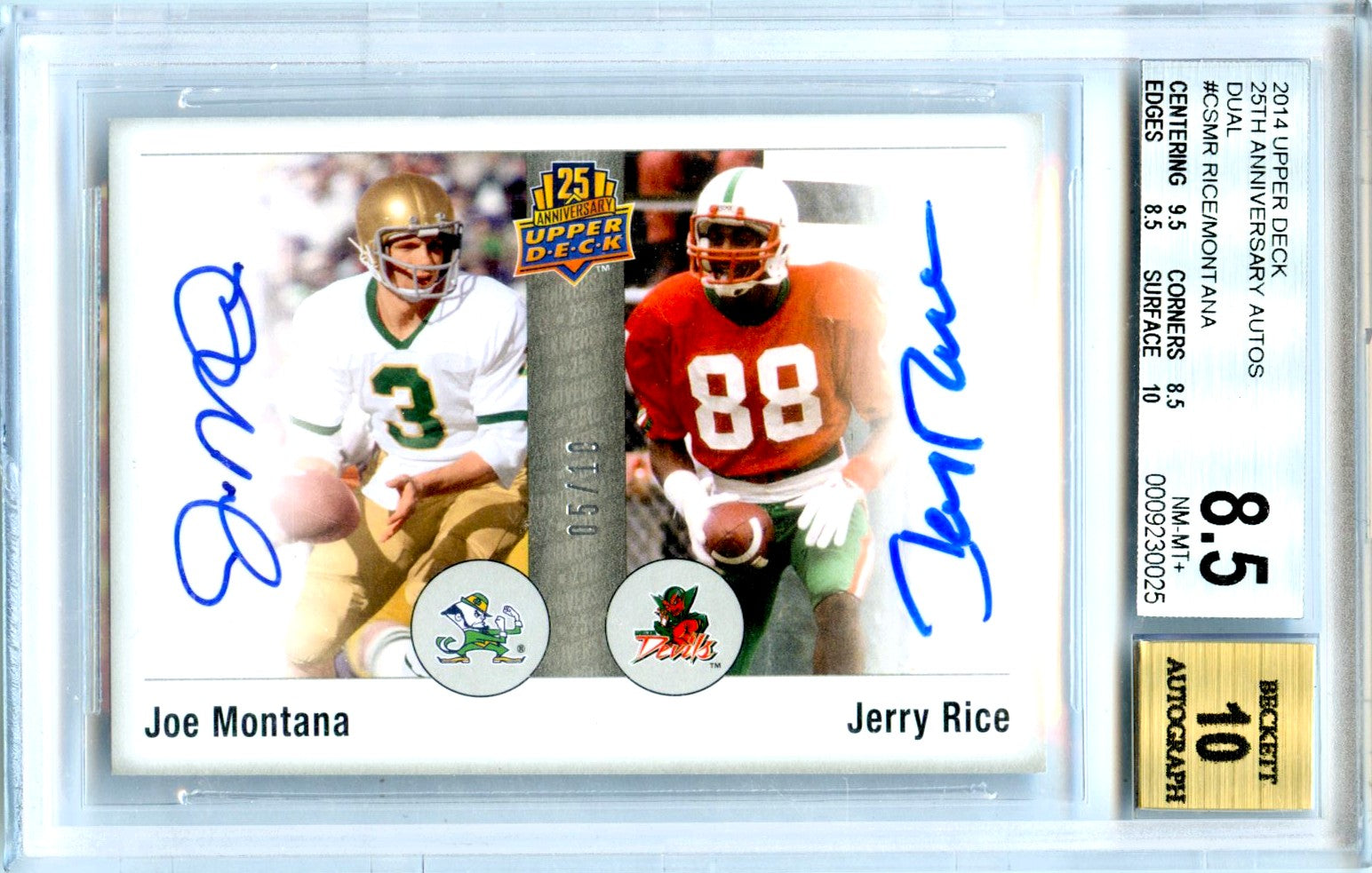 Joe Montana Jerry Rice 2014 Upper Deck 25th Anniversary Dual Auto SP 5/10 BGS 8.5