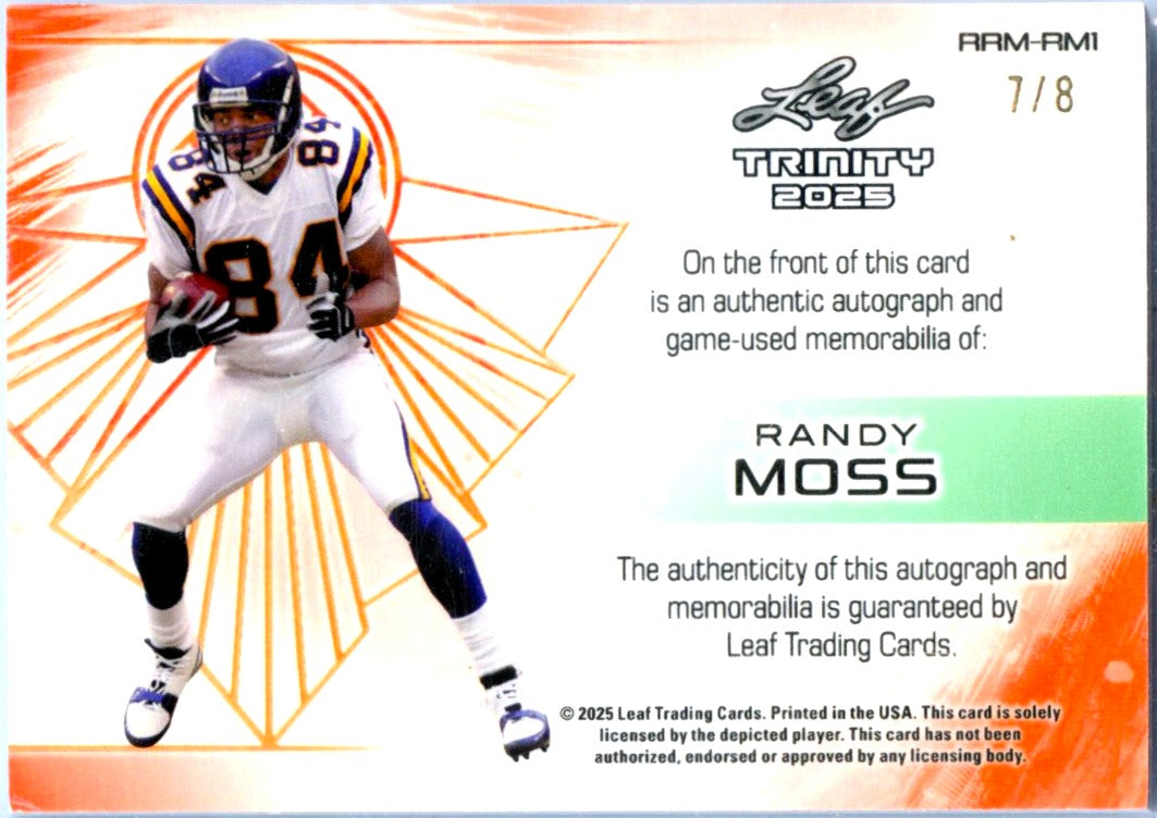 Randy Moss 2025 Leaf Trinity Blue Retro Jersey Patch Auto SP 7/8-2