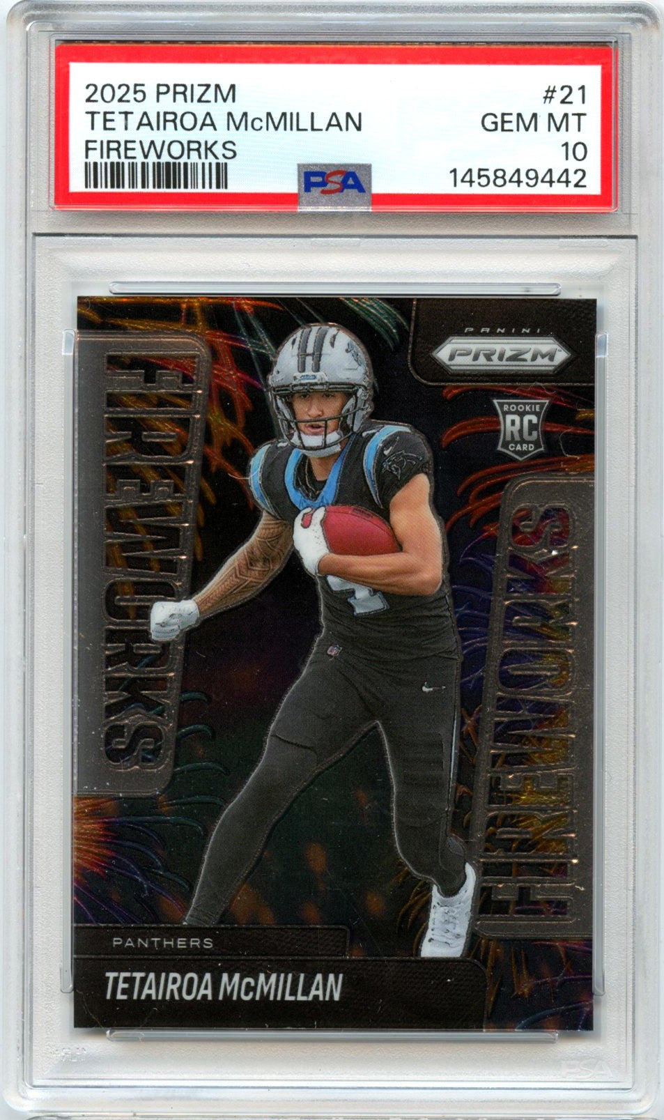 Tetairoa Mcmillan RC 2025 Panini Prizm Fireworks Rookie #21 PSA 10