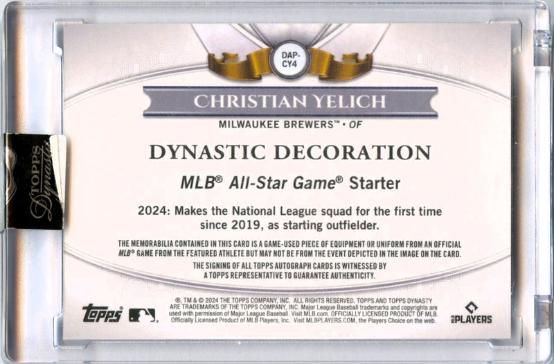 Christian Yelich 2024 Topps Dynasty Game Used Patch Auto SP 3/5-2