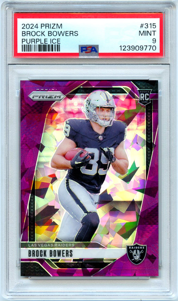 Product Brock Bowers RC 2024 Panini Prizm Purple Ice Rookie SP 190/225 PSA 9 Link