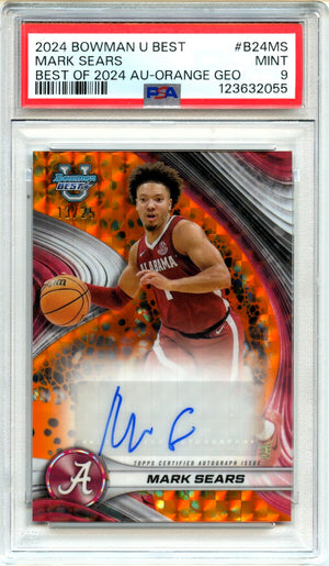 Mark Sears RC 2024 Bowman U Best Orange Geometric Rookie Auto SP 13/25 PSA 9