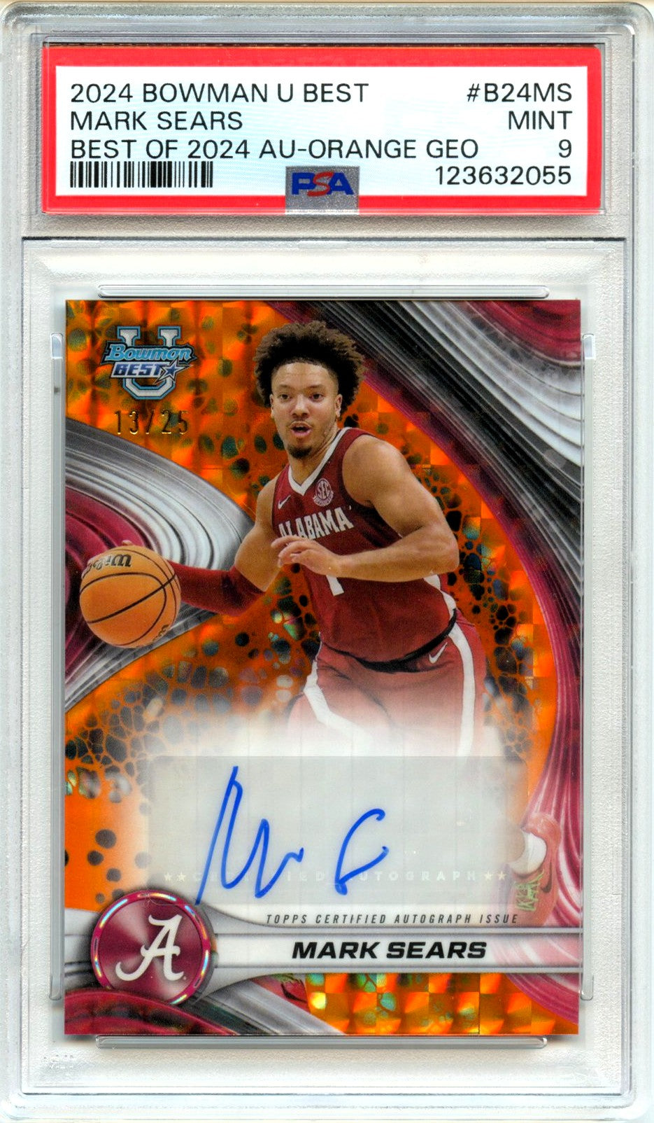 Mark Sears RC 2024 Bowman U Best Orange Geometric Rookie Auto SP 13/25 PSA 9