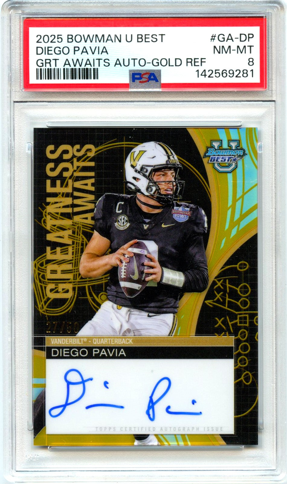 Diego Pavia RC 2025 Bowman U Best Gold Greatness Awaits Rookie Auto SP 27/50 PSA 8-1