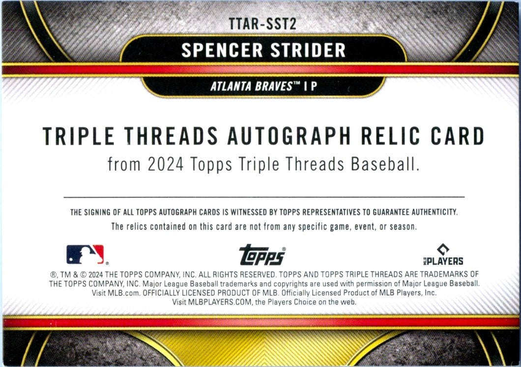Spencer Strider 2024 Topps Triple Threads Gold Game Used Patch Auto SP 6/9-2