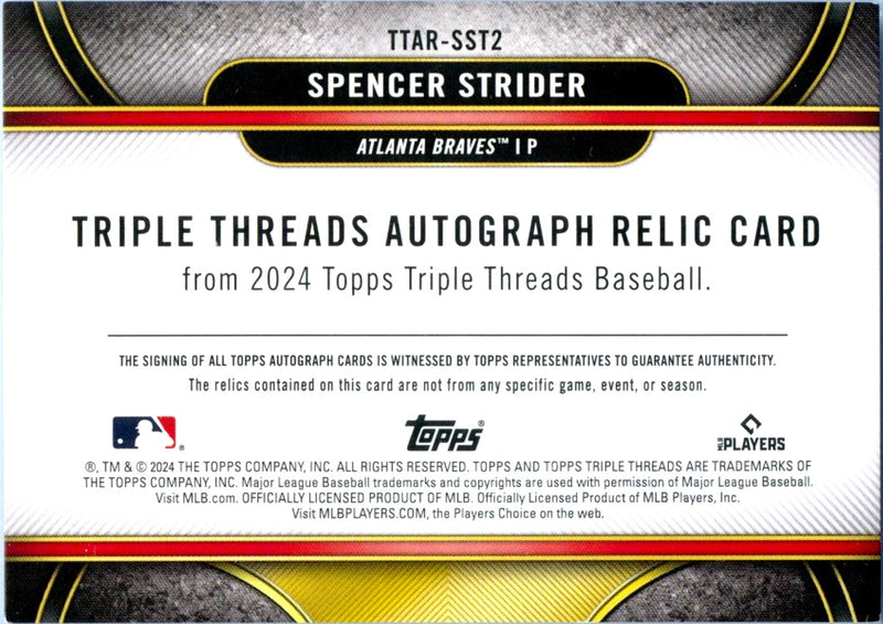 Spencer Strider 2024 Topps Triple Threads Gold Game Used Patch Auto SP 6/9-2