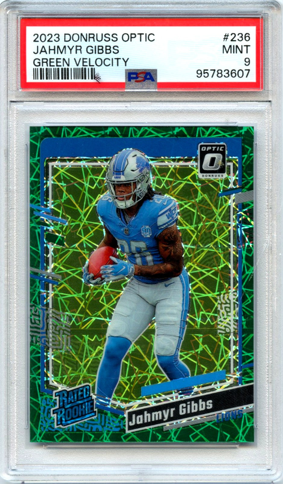 Jahmyr Gibbs RC 2023 Donruss Optic Green Velocity Rated Rookie #236 PSA 9
