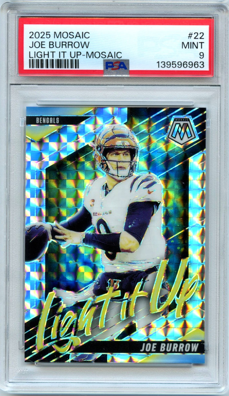 Joe Burrow 2025 Panini Mosaic Silver Mosaic Light It Up #22 PSA 9-1