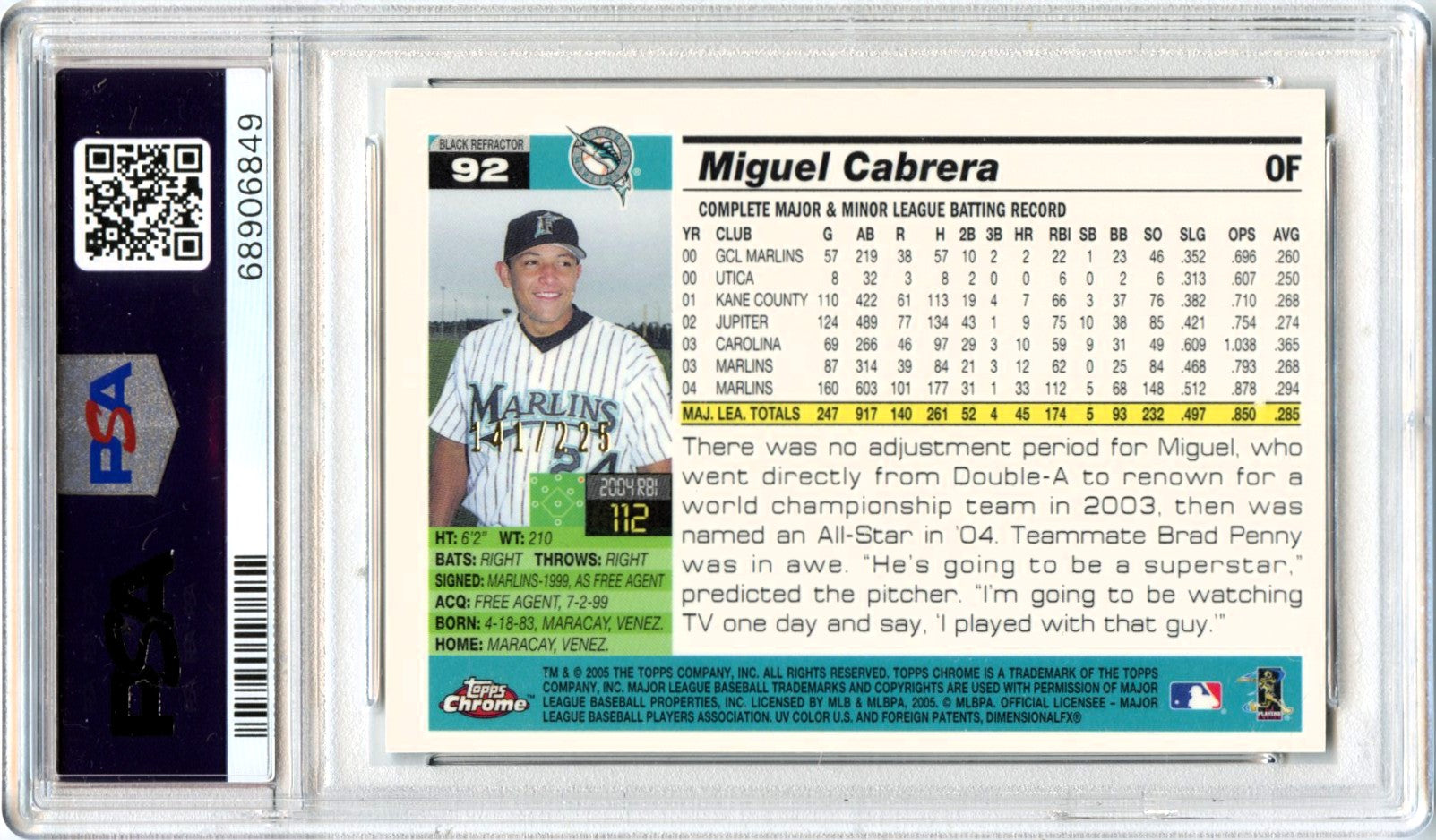 Miguel Cabrera 2005 Topps Chrome Black Refractor SP 141/225 PSA 9-2