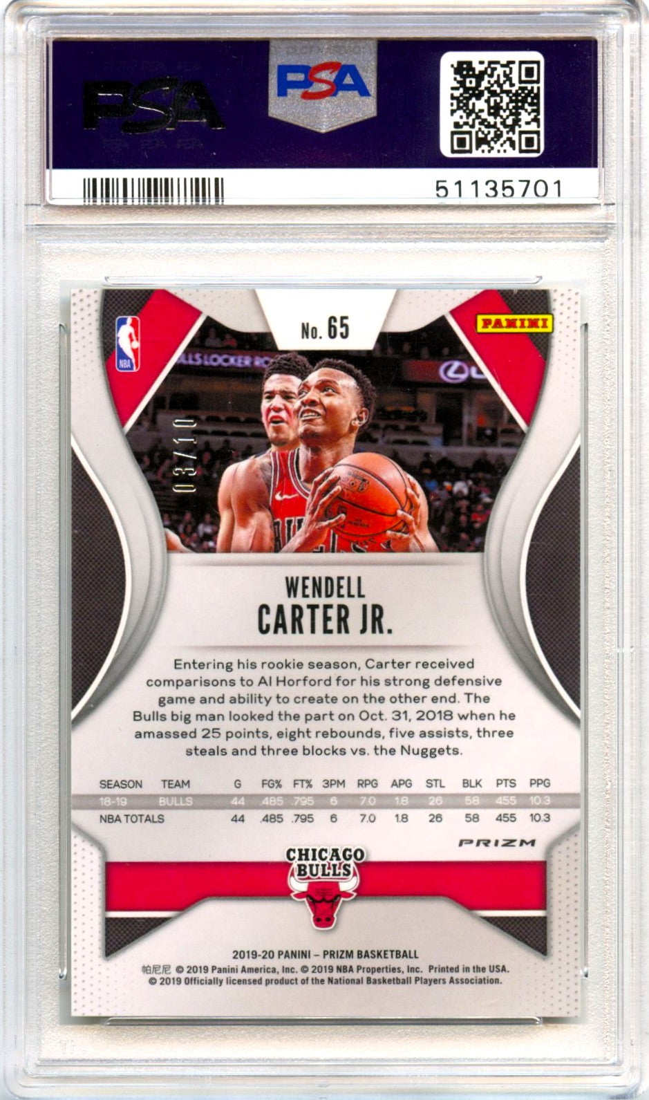 Wendell Carter Jr 2019-20 Panini Prizm Gold SP 3/10 PSA 9