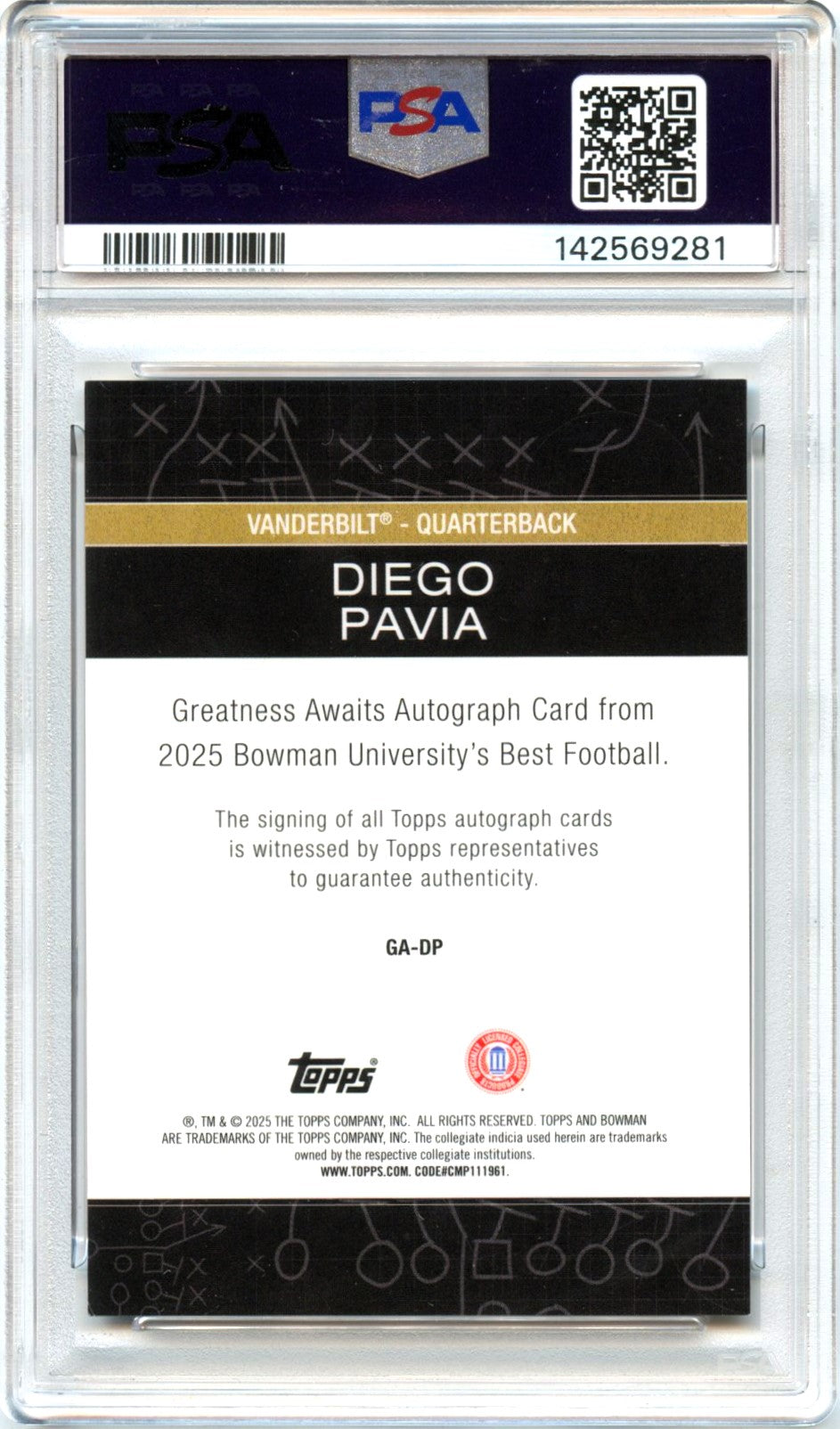 Diego Pavia RC 2025 Bowman U Best Gold Greatness Awaits Rookie Auto SP 27/50 PSA 8-2