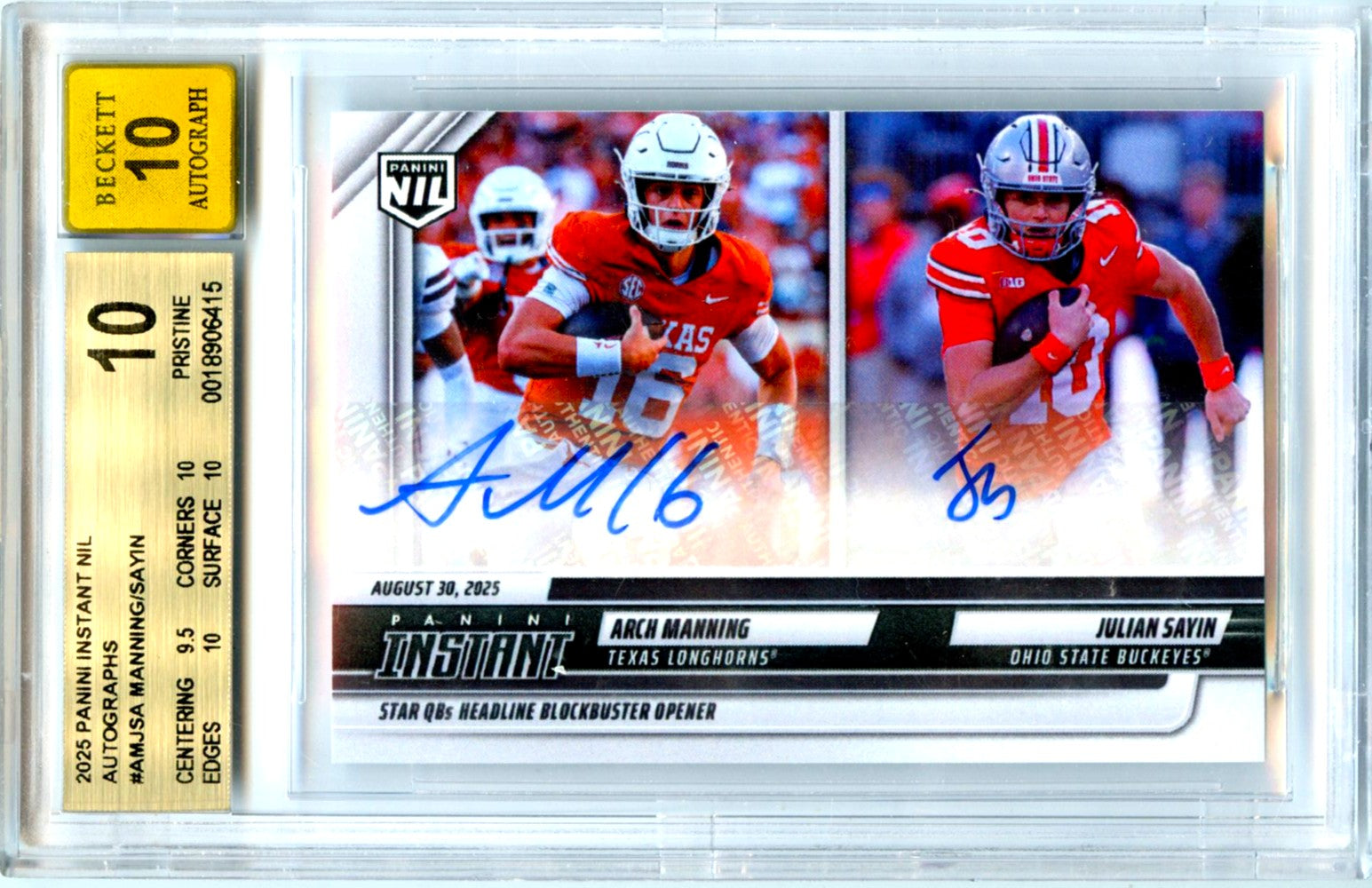 Arch Manning Julian Sayin RC 2025 Panini Instant NIL A Variation Dual Rookie Auto SP 67/99 BGS 10-1