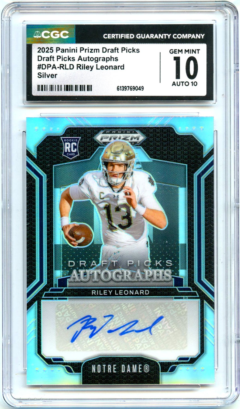 Riley Leonard RC 2025 Panini Prizm Draft Silver Rookie Auto CGC 10-1
