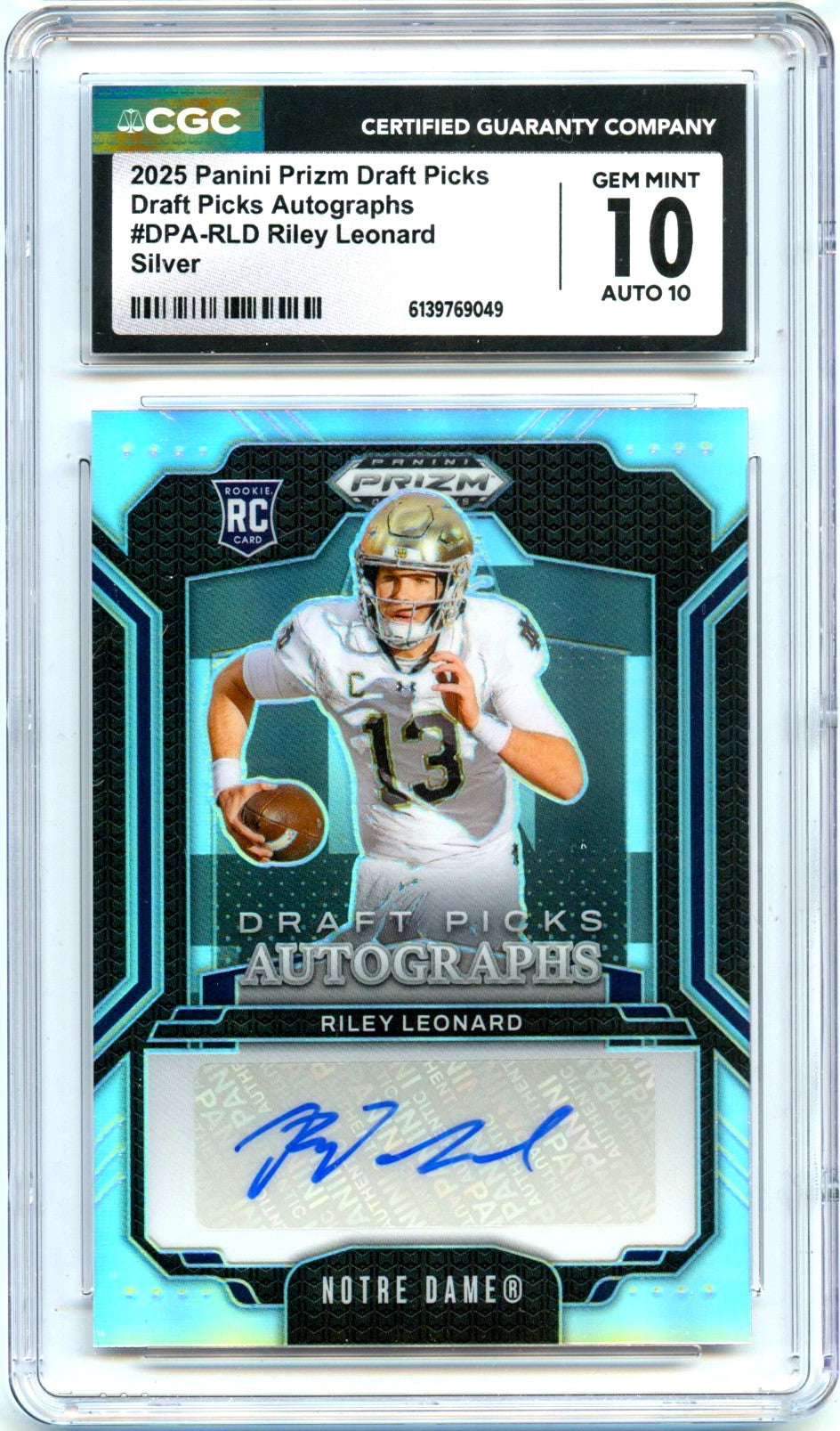 Riley Leonard RC 2025 Panini Prizm Draft Silver Rookie Auto CGC 10