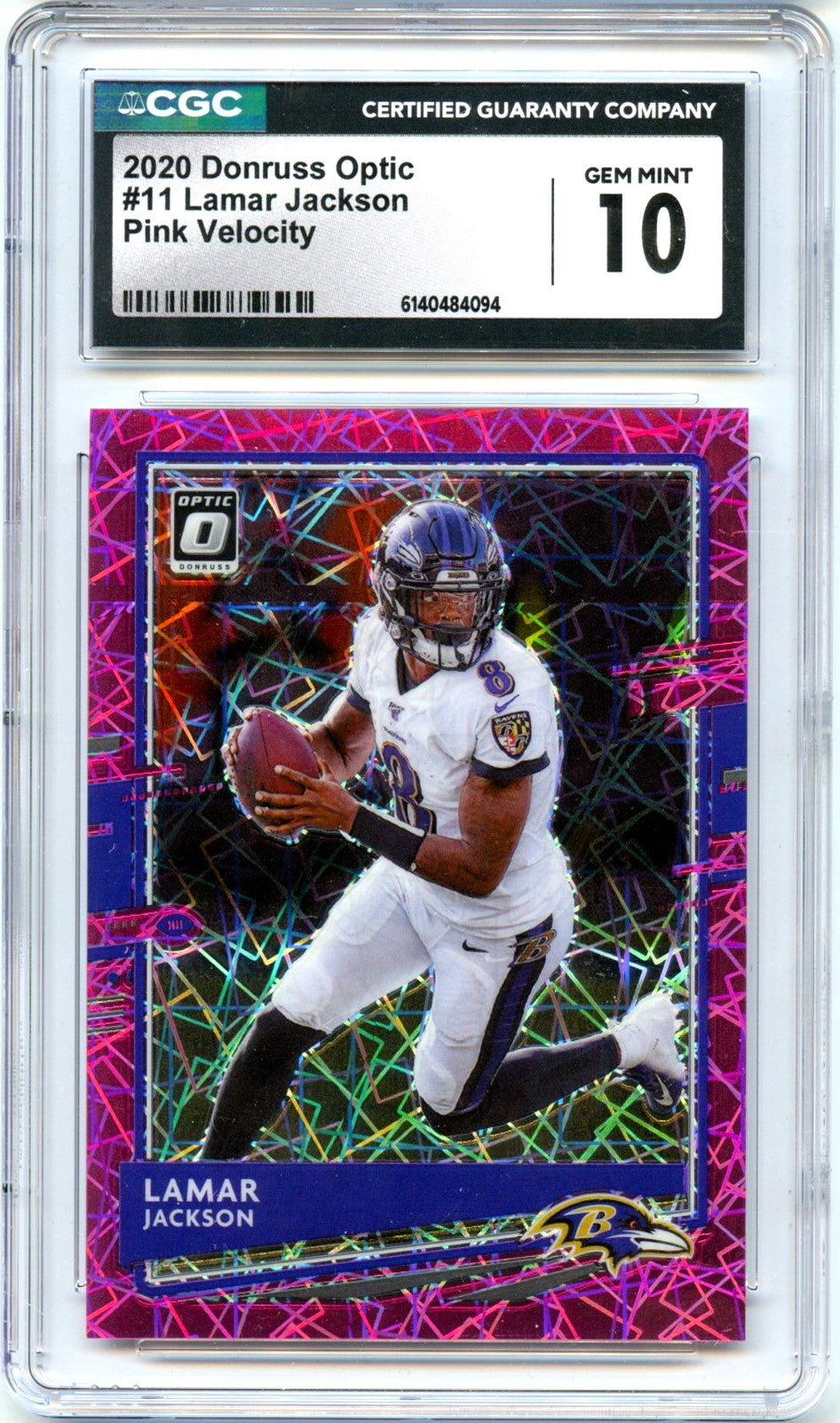 Lamar Jackson 2020 Donruss Optic Pink Velocity Prizm SP 42/79 CGC 10