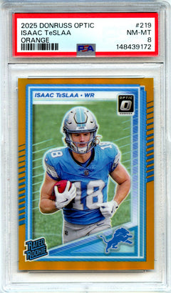 Isaac Teslaa RC 2025 Donruss Optic Orange Rated Rookie SP 169/299 PSA 8-1