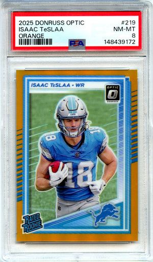 Isaac Teslaa RC 2025 Donruss Optic Orange Rated Rookie SP 169/299 PSA 8