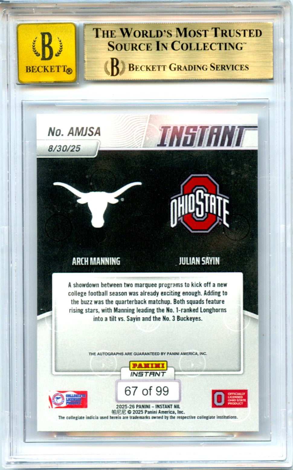 Arch Manning Julian Sayin RC 2025 Panini Instant NIL A Variation Dual Rookie Auto SP 67/99 BGS 10-2