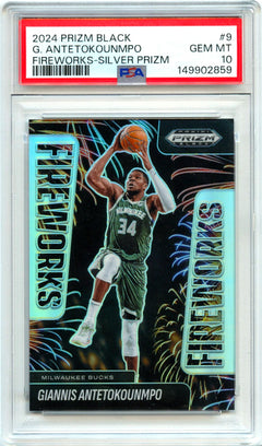 Giannis Antetokounmpo 2024-25 Panini Prizm Black Silver Fireworks #9 PSA 10-1