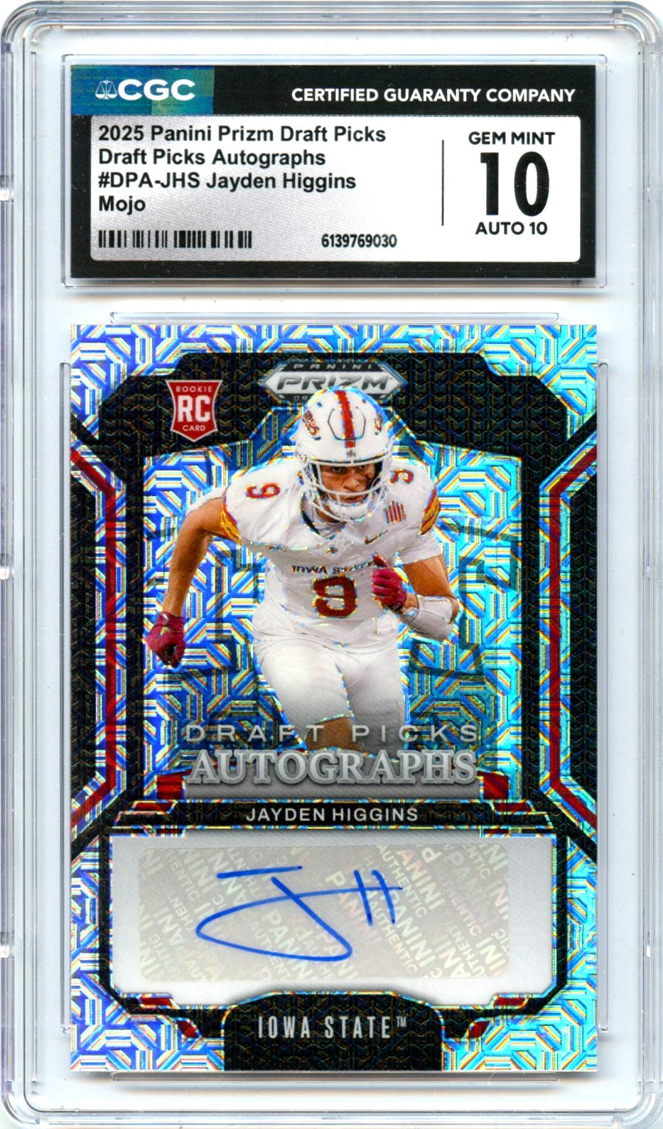 Jayden Higgins RC 2025 Panini Prizm Draft Mojo Rookie Auto SP 2/25 CGC 10