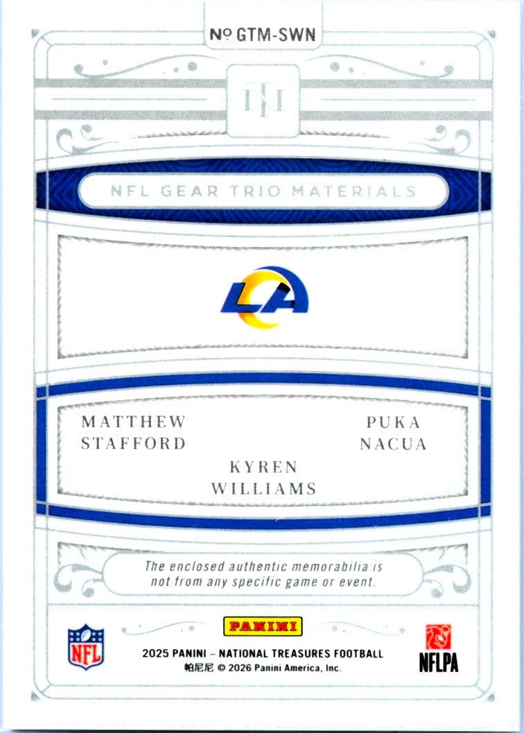 Stafford Williams Nacua 2025 National Treasures Holo Silver NFL Gear Trio Patch SP 5/25-2
