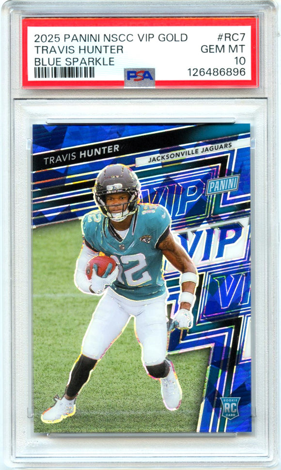 Product Travis Hunter RC 2025 Panini National Gold Pack Blue Ice Rookie SP 37/75 PSA 10 Link