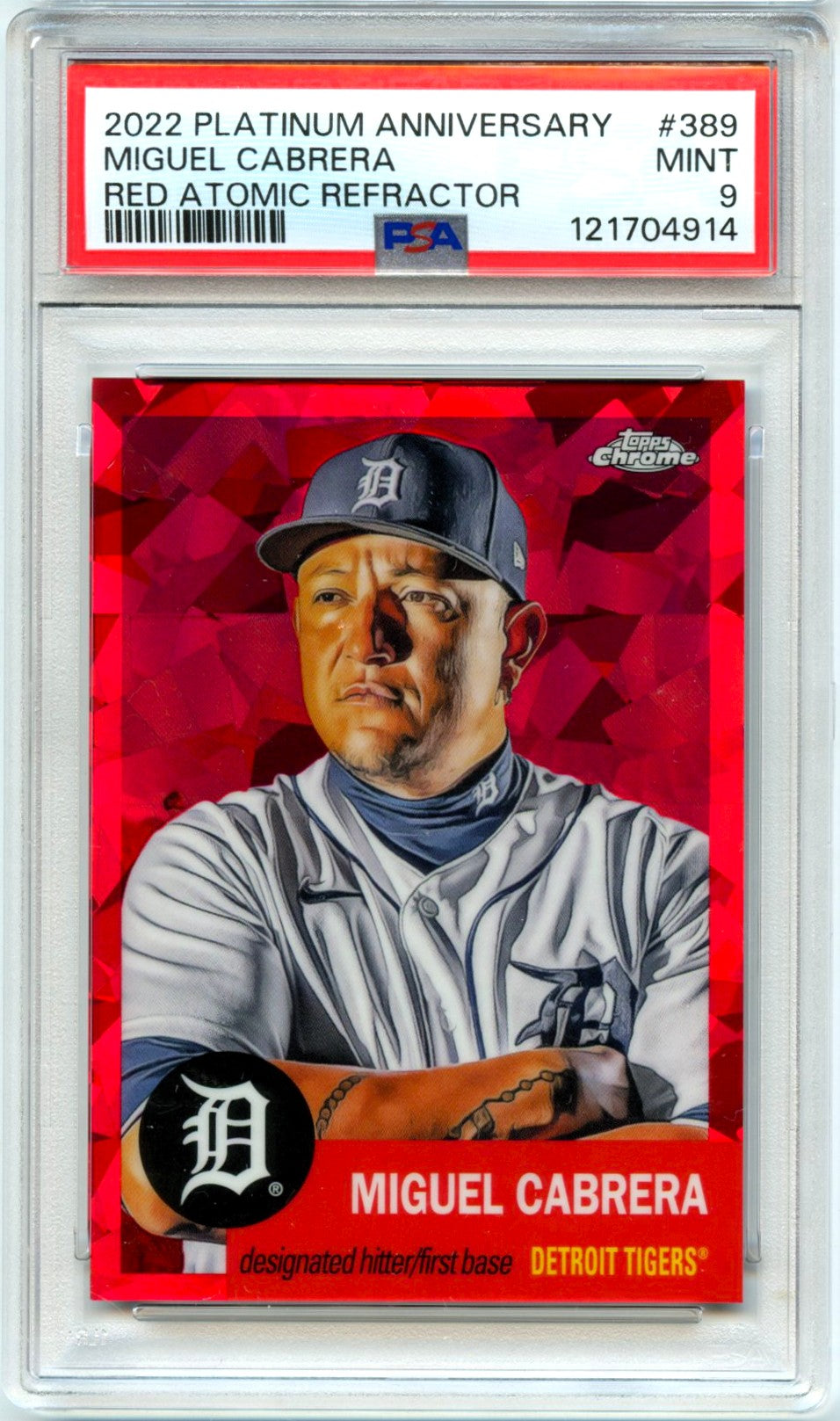 Miguel Cabrera 2022 Topps Chrome Platinum Red Atomic Refractor SP 89/100 PSA 9