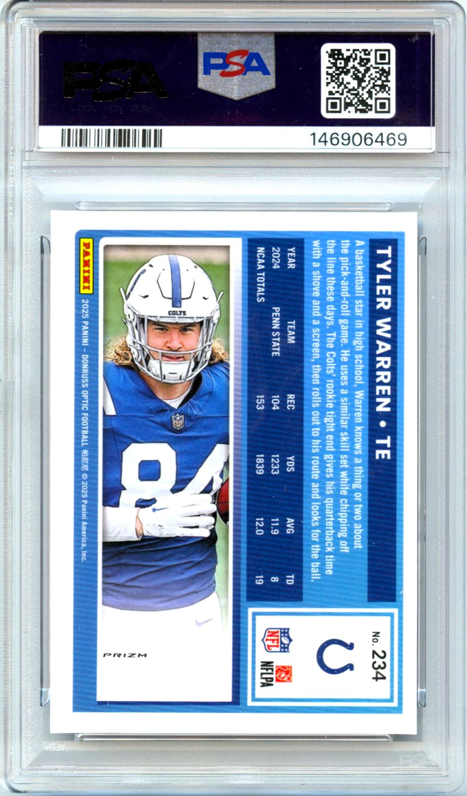 Tyler Warren RC 2025 Donruss Optic Purple Shock Rated Rookie #234 PSA 10