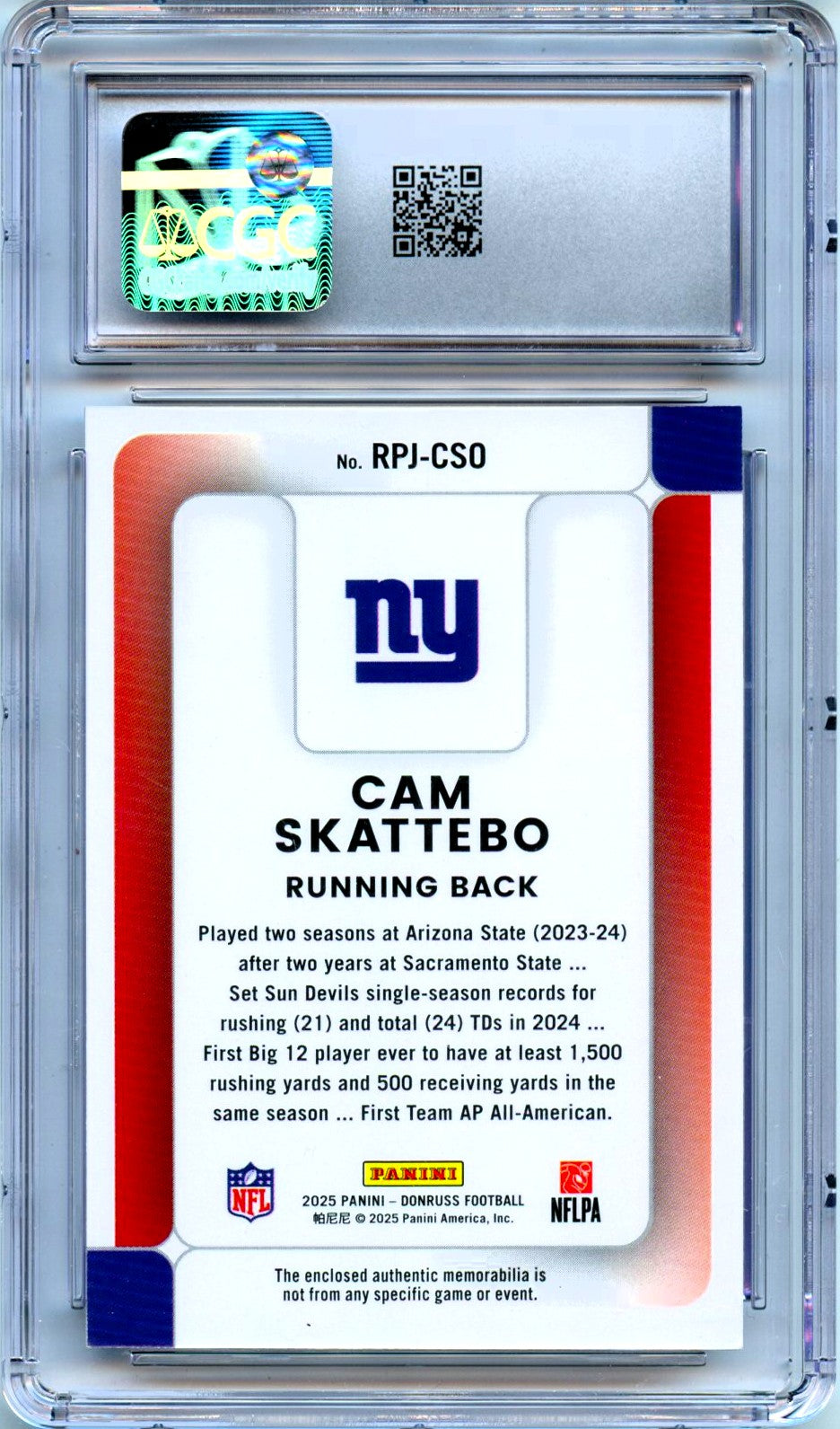 Cam Skattebo RC 2025 Donruss Rookie Phenom Patch CGC 10