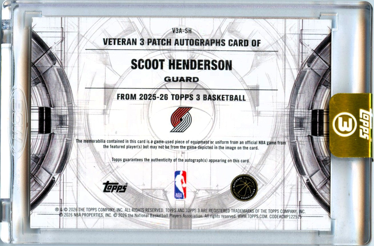 Scoot Henderson 2025-26 Topps 3 Triple Jersey Patch Auto SP 1/10-2