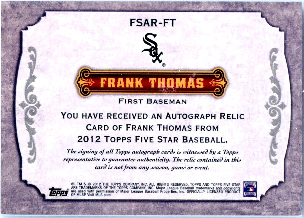 Frank Thomas 2012 Topps Five Star Red Game Used Bat Piece Auto SP 9/25-2