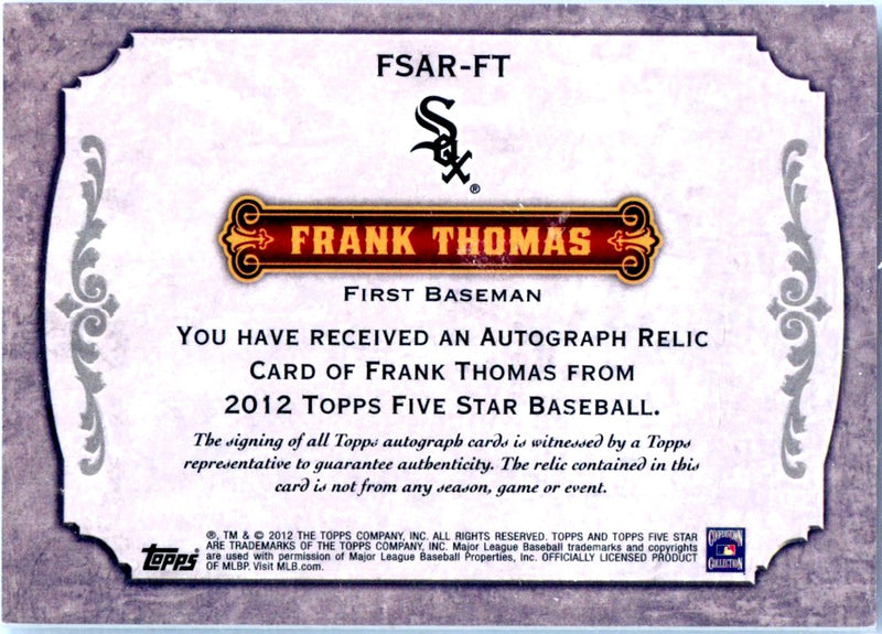 Frank Thomas 2012 Topps Five Star Red Game Used Bat Piece Auto SP 9/25-2