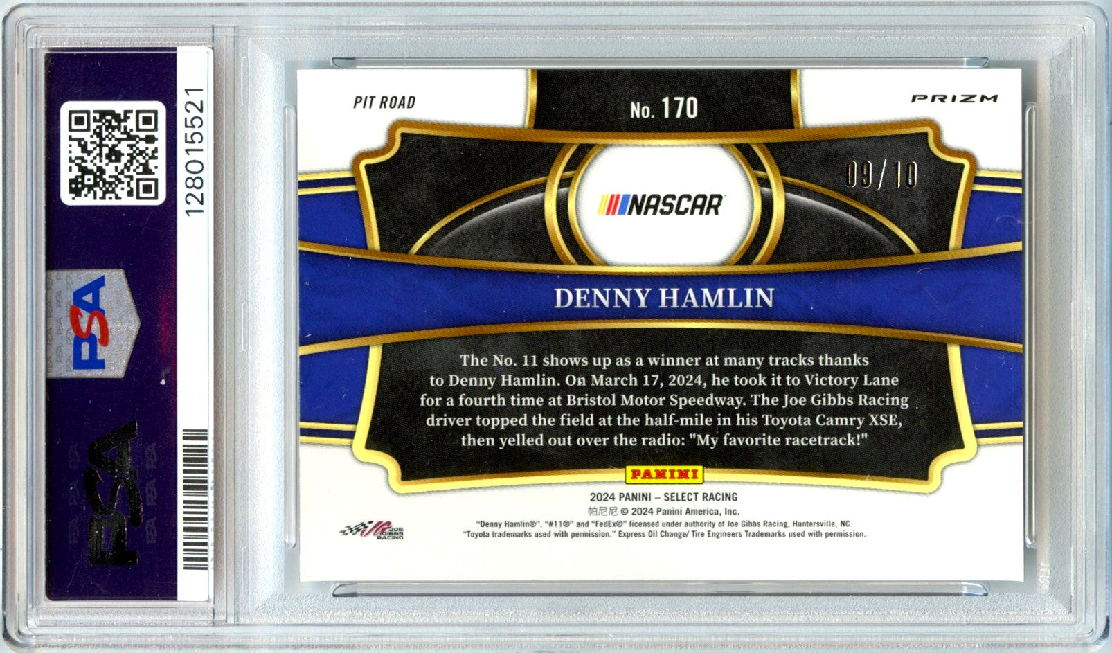 Denny Hamlin 2024 Panini Select NASCAR Pit Road Gold Flash SP 9/10 PSA 10-2